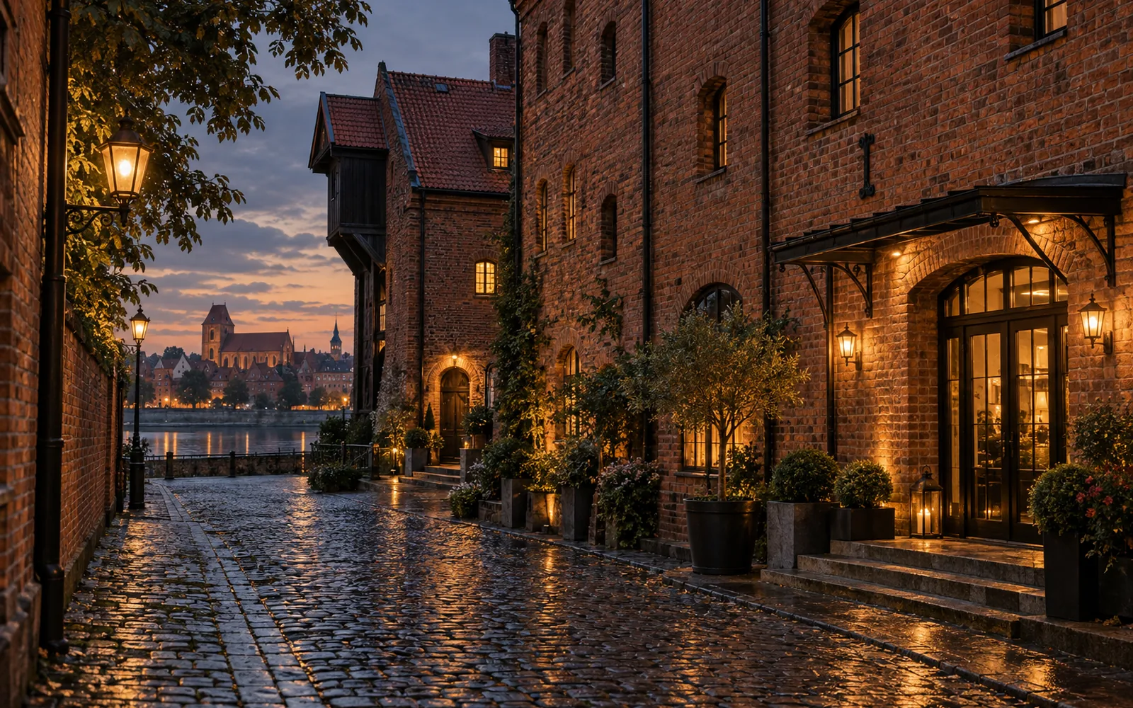 Autorska ilustracja fotograficzna ceglanej uliczki Torunia o zmierzchu po deszczu
