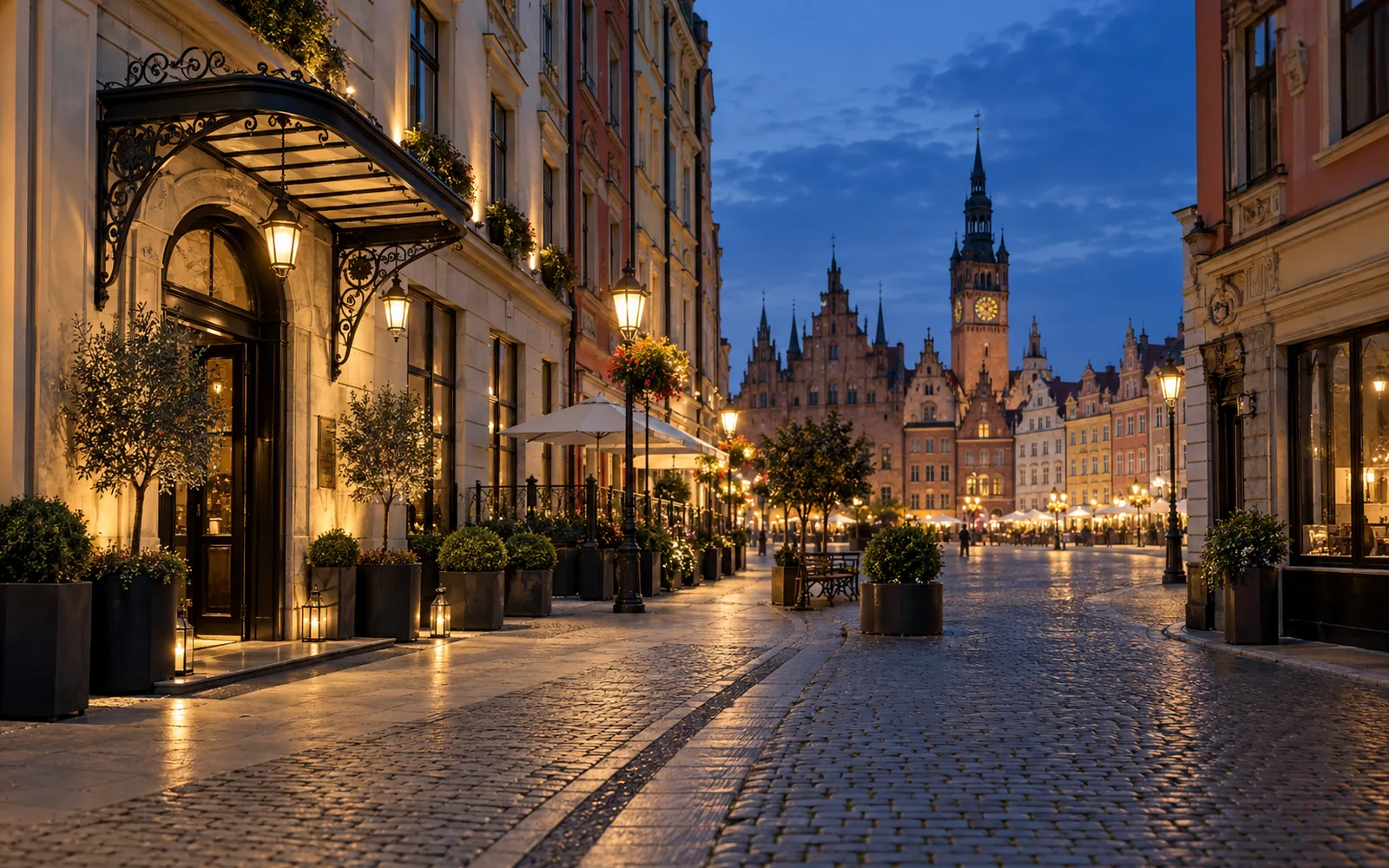 Autorska ilustracja fotograficzna historycznego centrum Wrocławia w niebieskiej godzinie